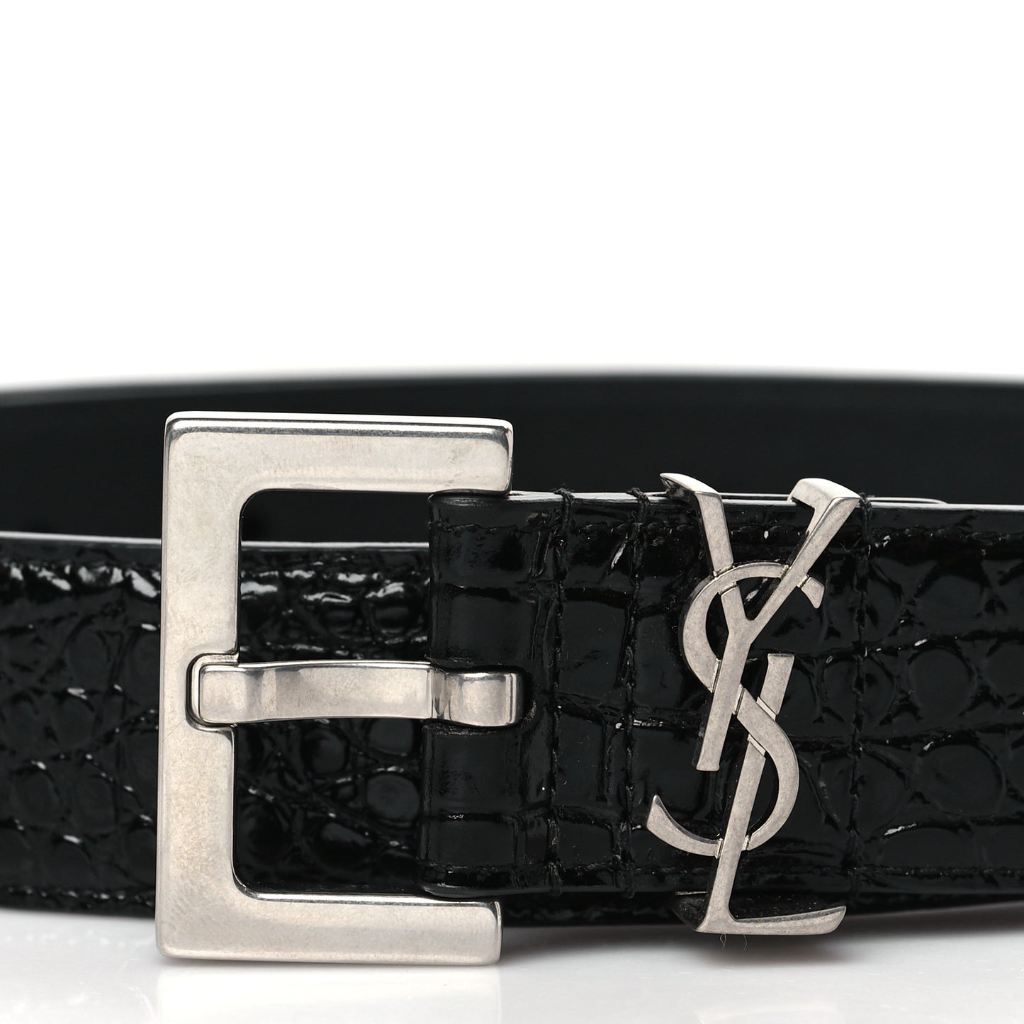 Calfskin Crocodile Embossed Monogram Square Buckle Belt 85 34 Black
