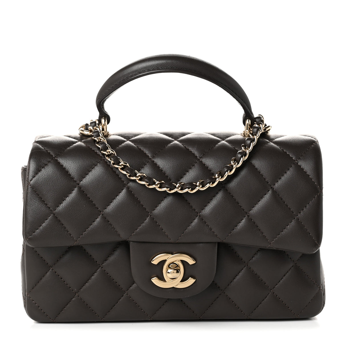 Chanel Lambskin Quilted Mini Top Handle Rectangular Flap Dark Brown 1 of 10