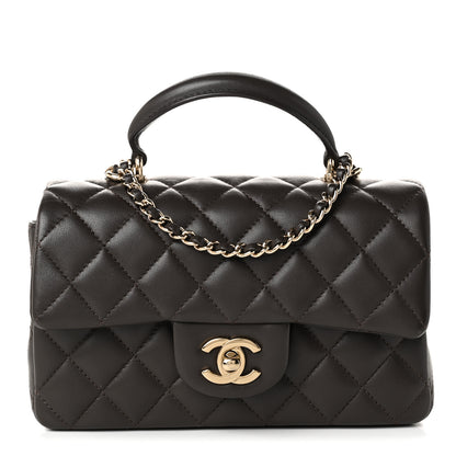 Chanel Lambskin Quilted Mini Top Handle Rectangular Flap Dark Brown 1 of 10