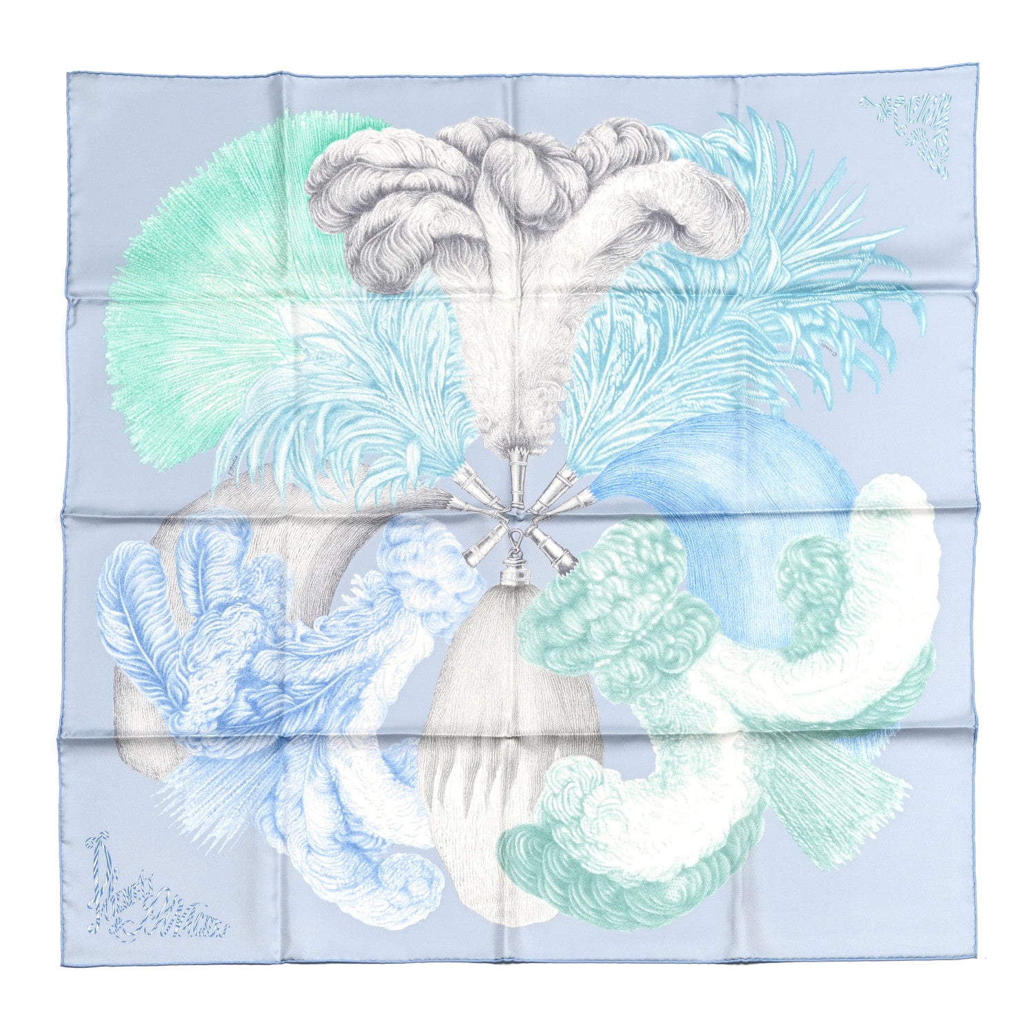 Hermes Silk Twill Plumets Et Panaches Scarf 90 Bleu Glacier Vert 1 of 5