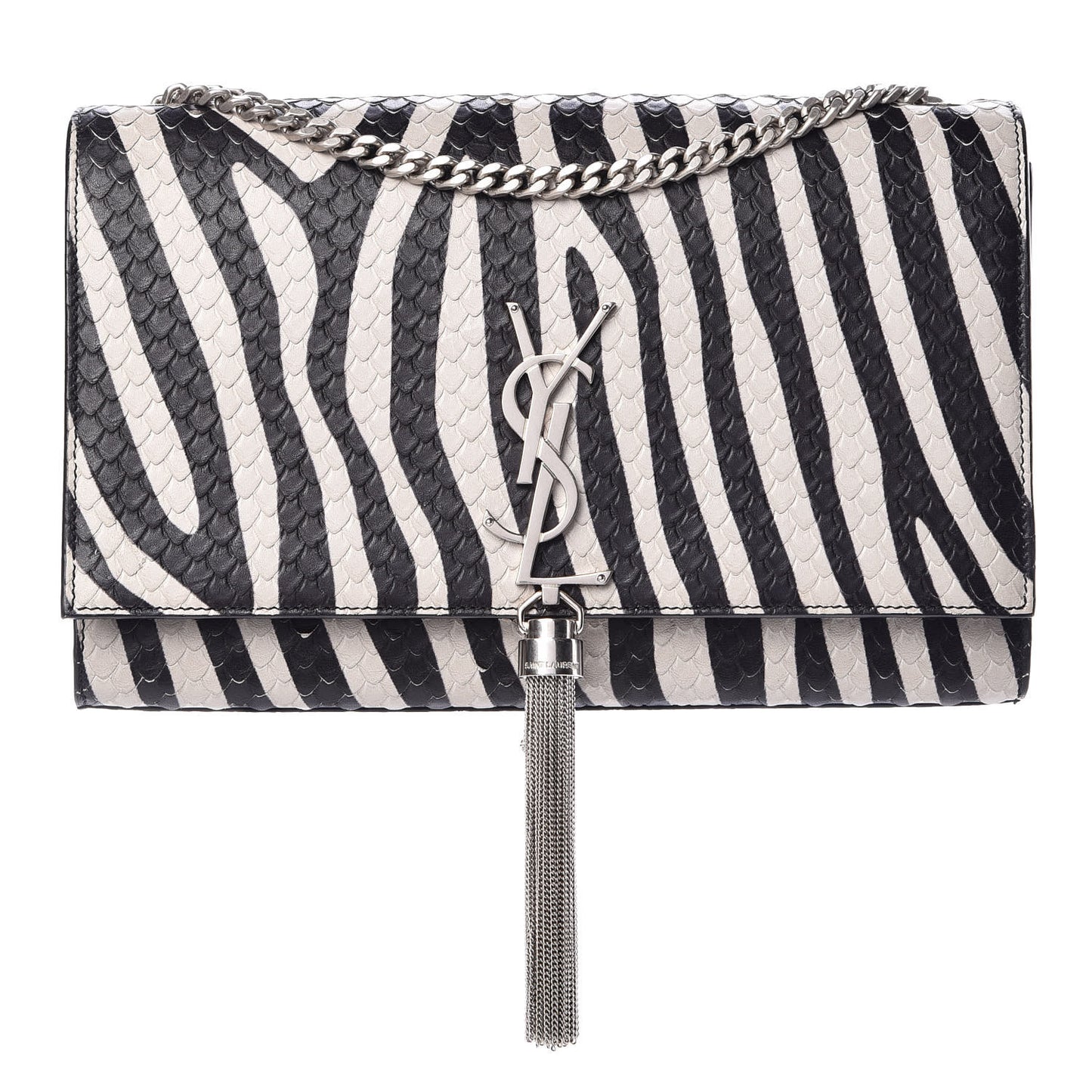 Python Calfskin Embossed Zebra Print Medium Kate Tassel Satchel Black