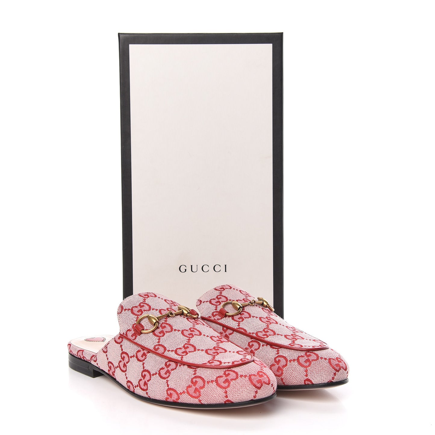 Canvas GG Monogram Horsebit Womens Princetown Slippers 37.5 Gardenia Hibiscus Red