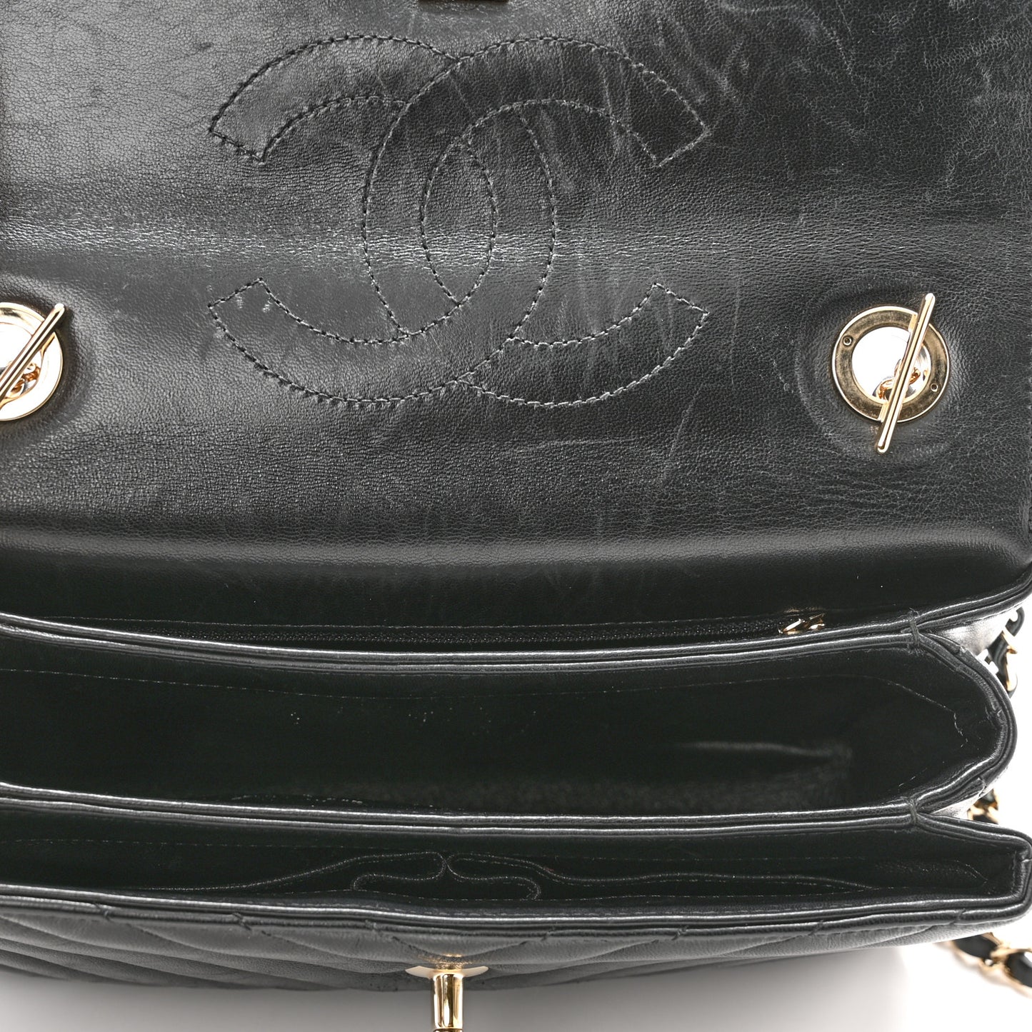 Lambskin Chevron Quilted Small Trendy CC Dual Handle Flap Bag Black