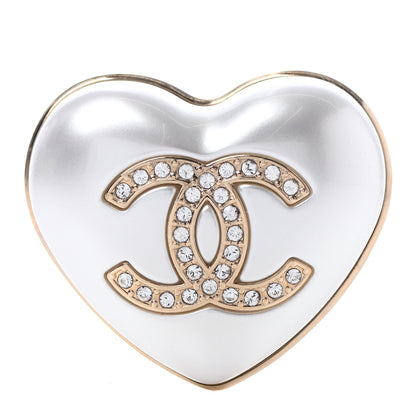 Chanel Resin Crystal CC Heart Brooch Pearly White Gold 1 of 4