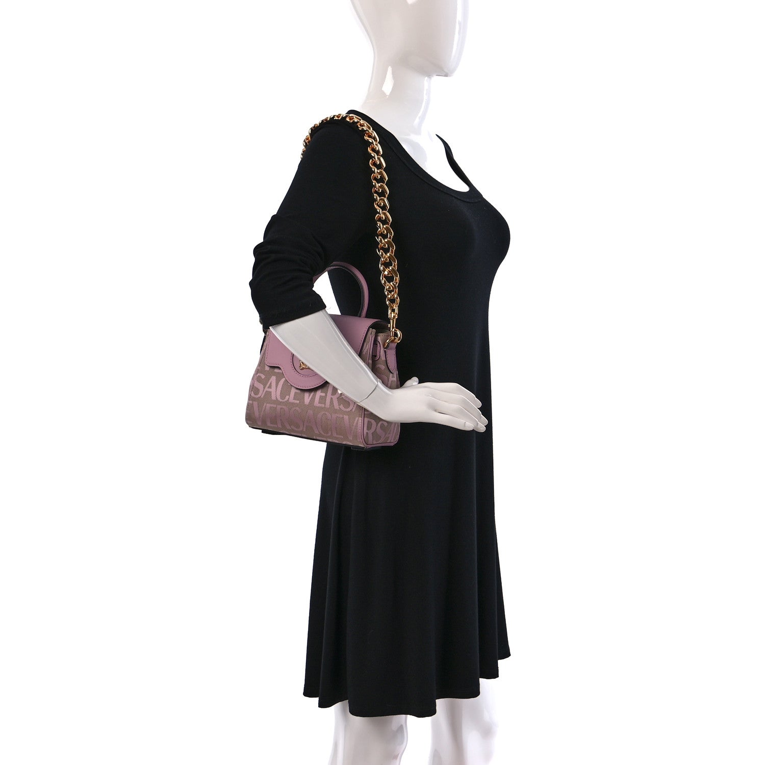 Versace Calfskin Canvas Allover La Medusa Small Top Handle Handbag Pink 2 of 8
