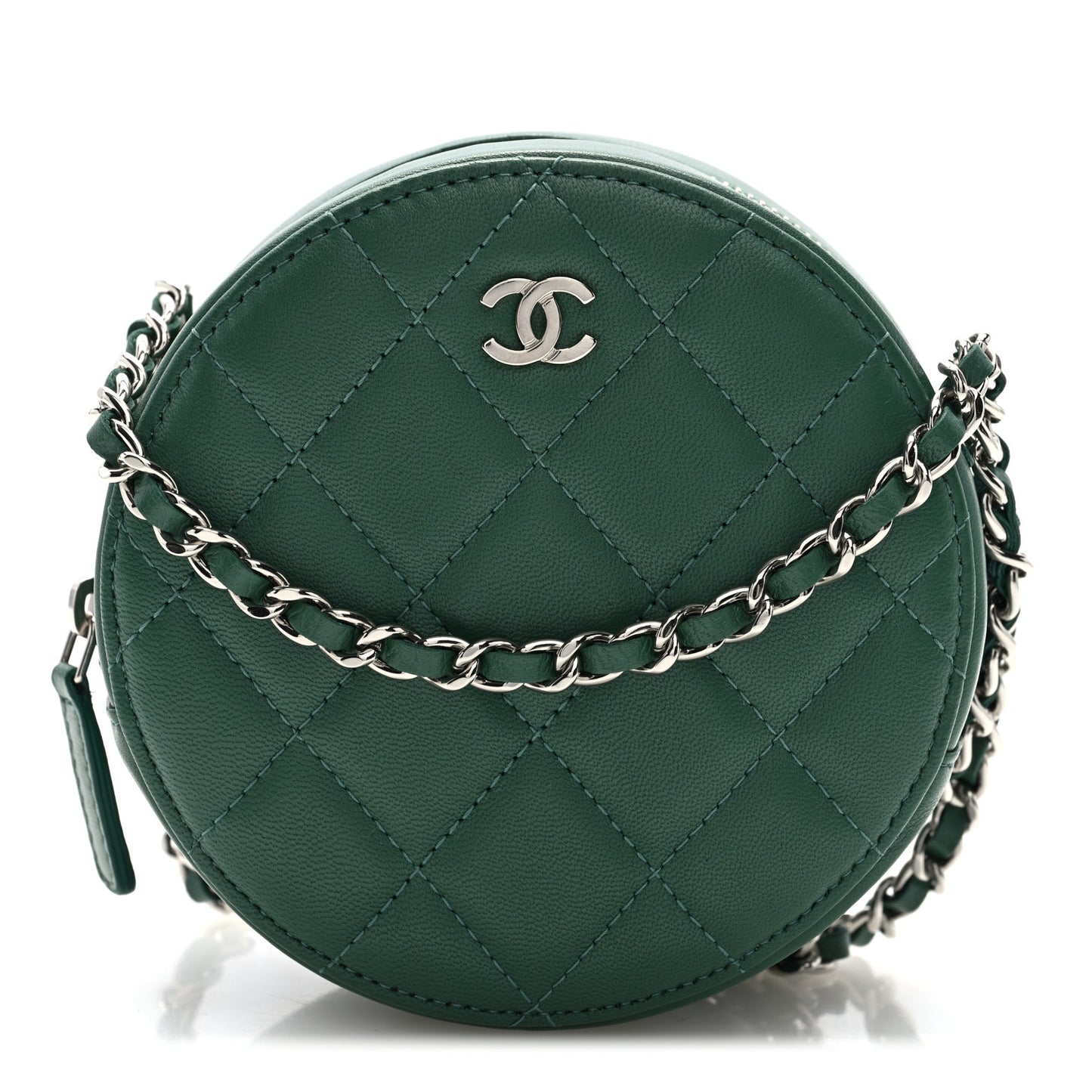 Lambskin Quilted Round Clutch With Chain Green