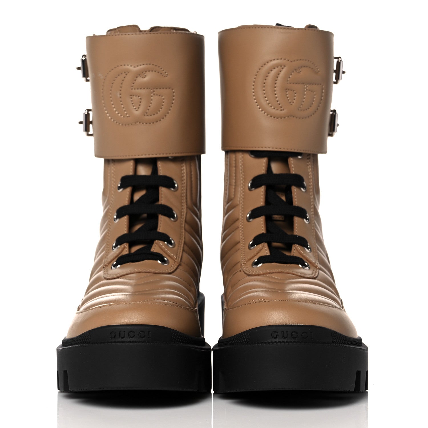 Gucci Nappa Frances GG Matelasse Platform Combat Boots 37 Natural Tan 2 of 11