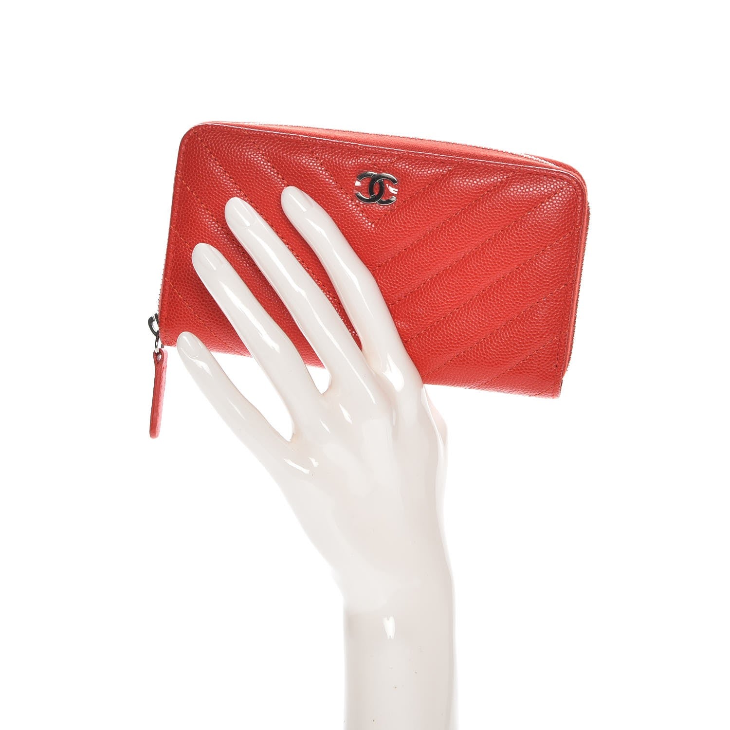 Chanel Caviar Chevron Quilted Small Zip Around Wallet Red 2 of 9