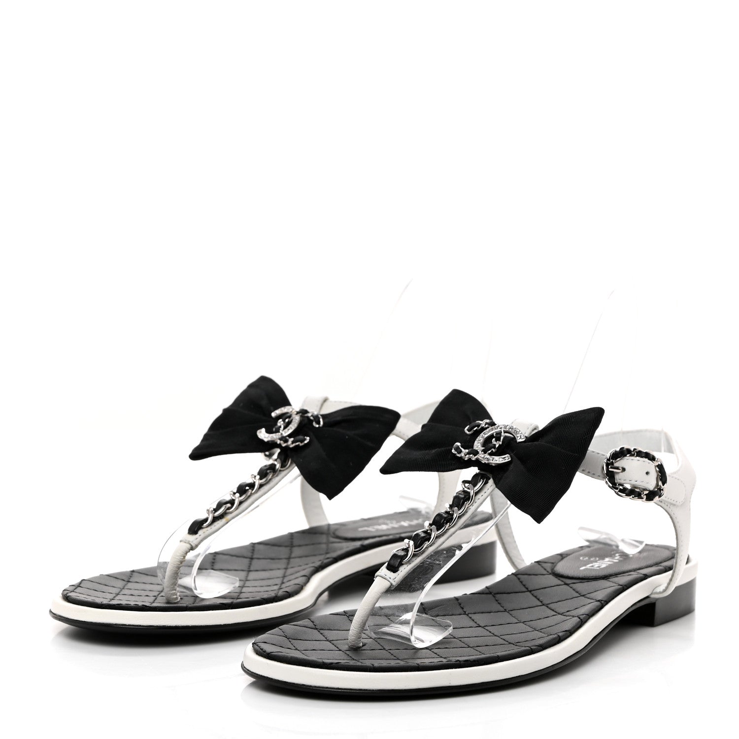 Chanel Lambskin Crystal Chain CC Logo Thong Sandals 37 White 3 of 8