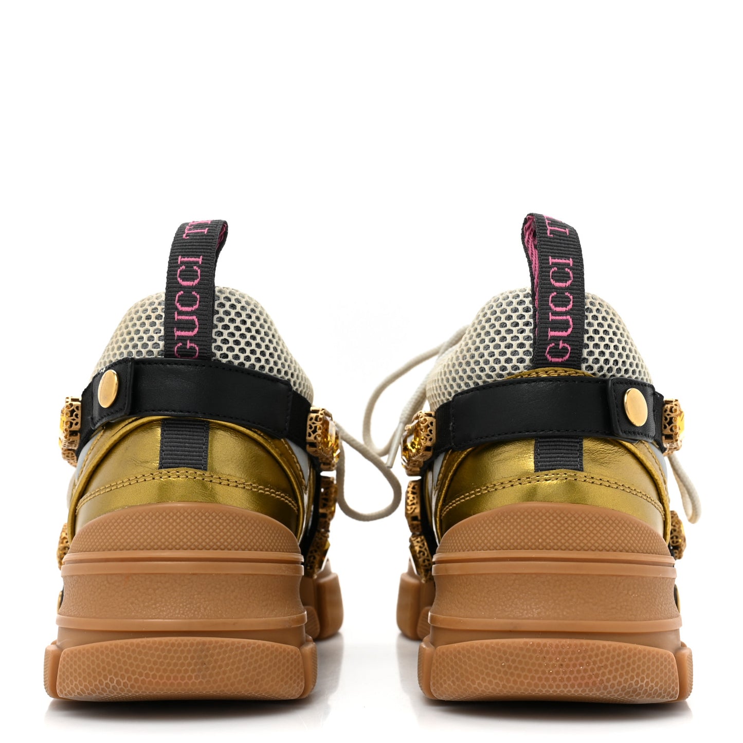 X SEGA Metallic Calfskin Mesh Removable Crystals Womens Flashtrek Sneakers 38.5 Oro Vecchio