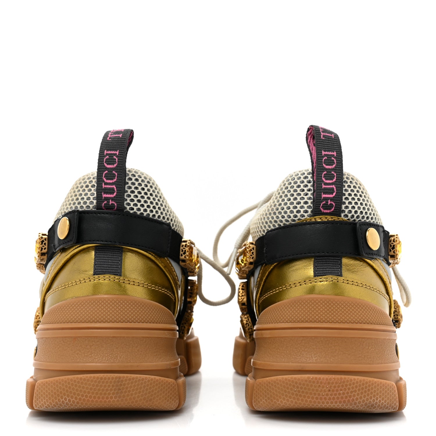 Gucci X SEGA Metallic Calfskin Mesh Removable Crystals Womens Flashtrek Sneakers 38.5 Oro Vecchio 4 of 8