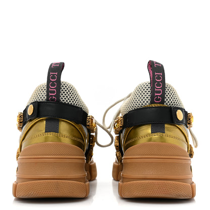 Gucci X SEGA Metallic Calfskin Mesh Removable Crystals Womens Flashtrek Sneakers 38.5 Oro Vecchio 4 of 8