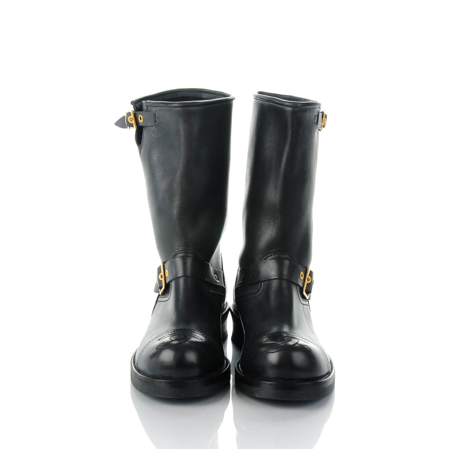Distressed Calfskin Cap Toe Motorcycle Boots 38 Black