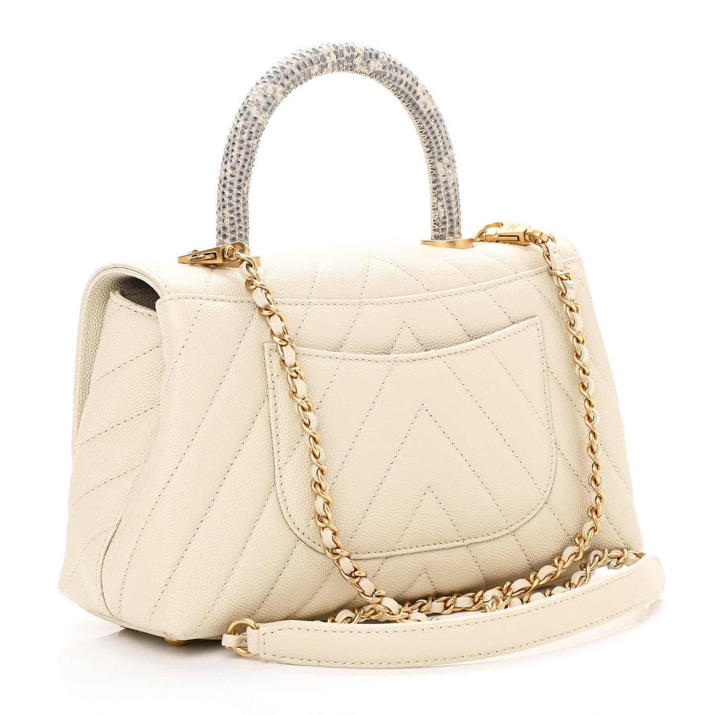 Caviar Lizard Chevron Quilted Mini Coco Handle Flap Ivory