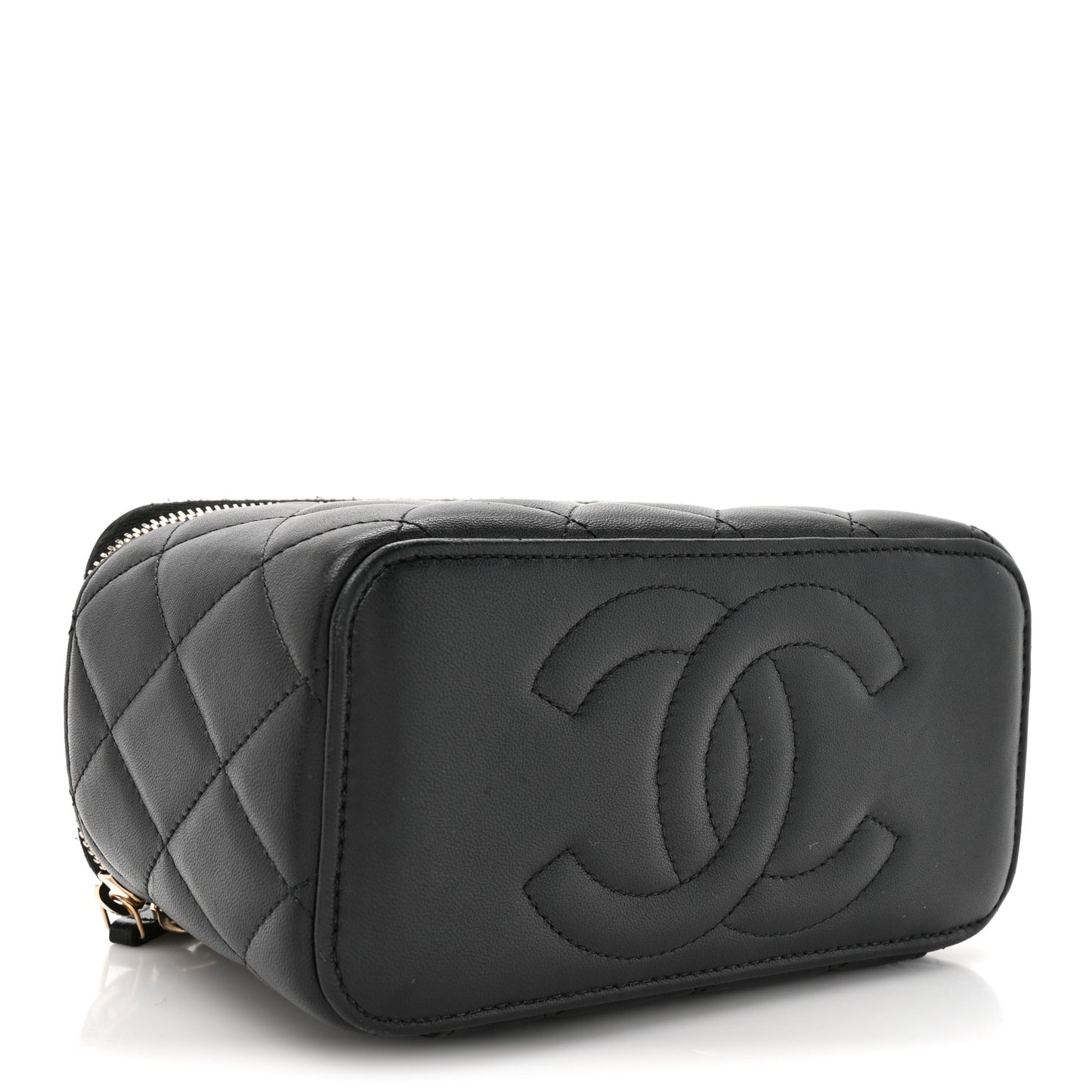 Lambskin Quilted Small Top Handle Vanity Case With Chain Black