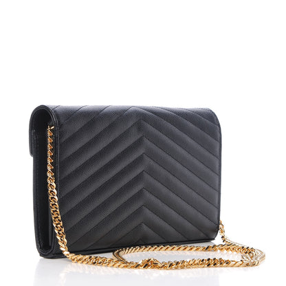 Saint Laurent Grain De Poudre Matelasse Chevron Monogram Chain Wallet Black 3 of 6