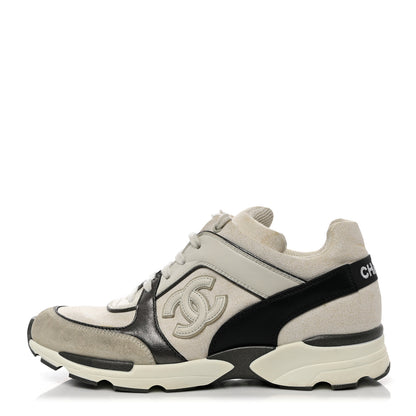 Chanel Suede Calfskin CC Sneakers 37 White Grey 1 of 8