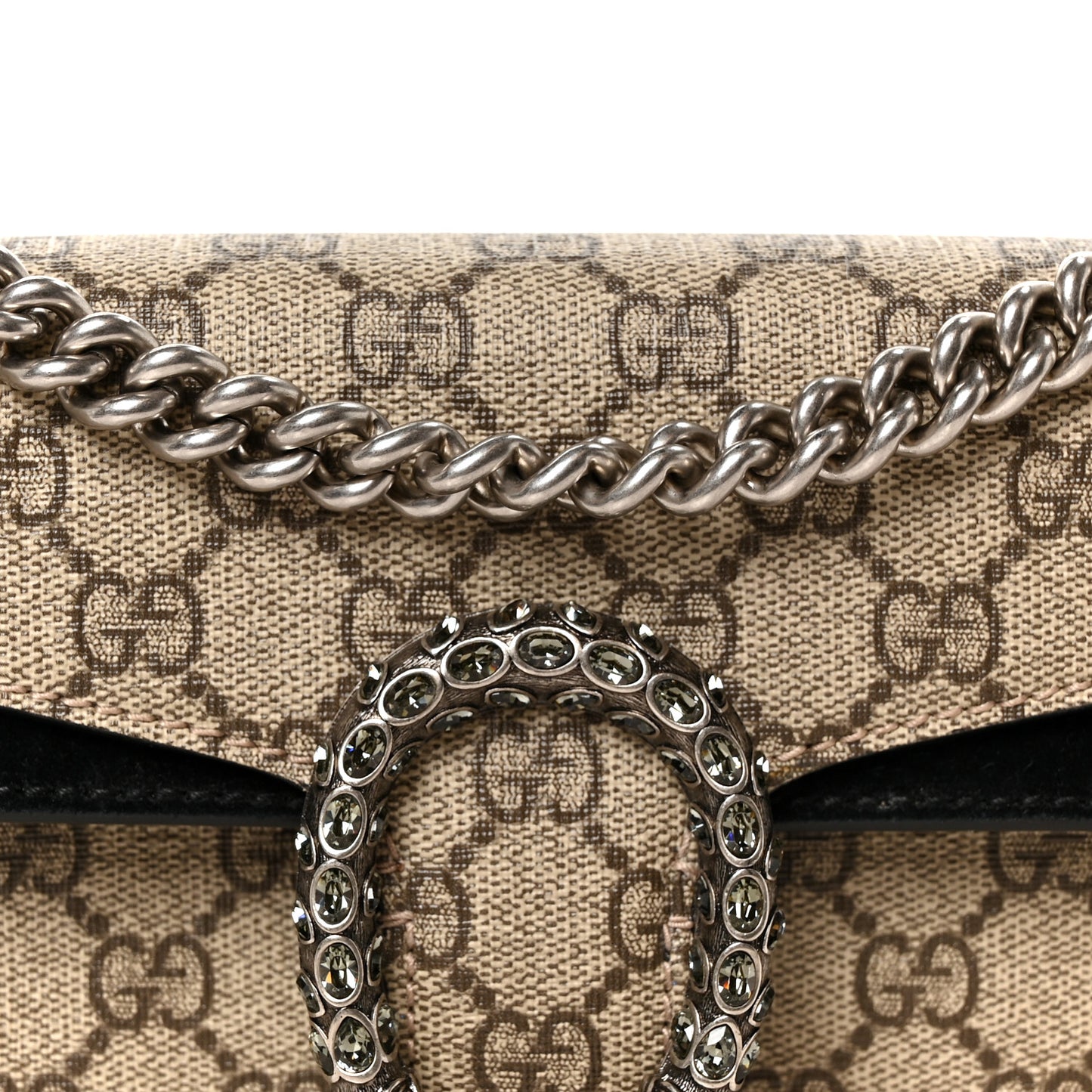 GG Supreme Monogram Suede Crystal Small Dionysus Shoulder Bag Beige Ebony Black