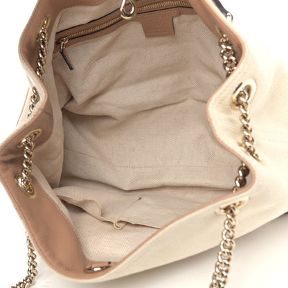 Gucci Linen Canvas Pebbled Calfskin Medium Soho Chain Shoulder Bag White Camelia 5 of 10