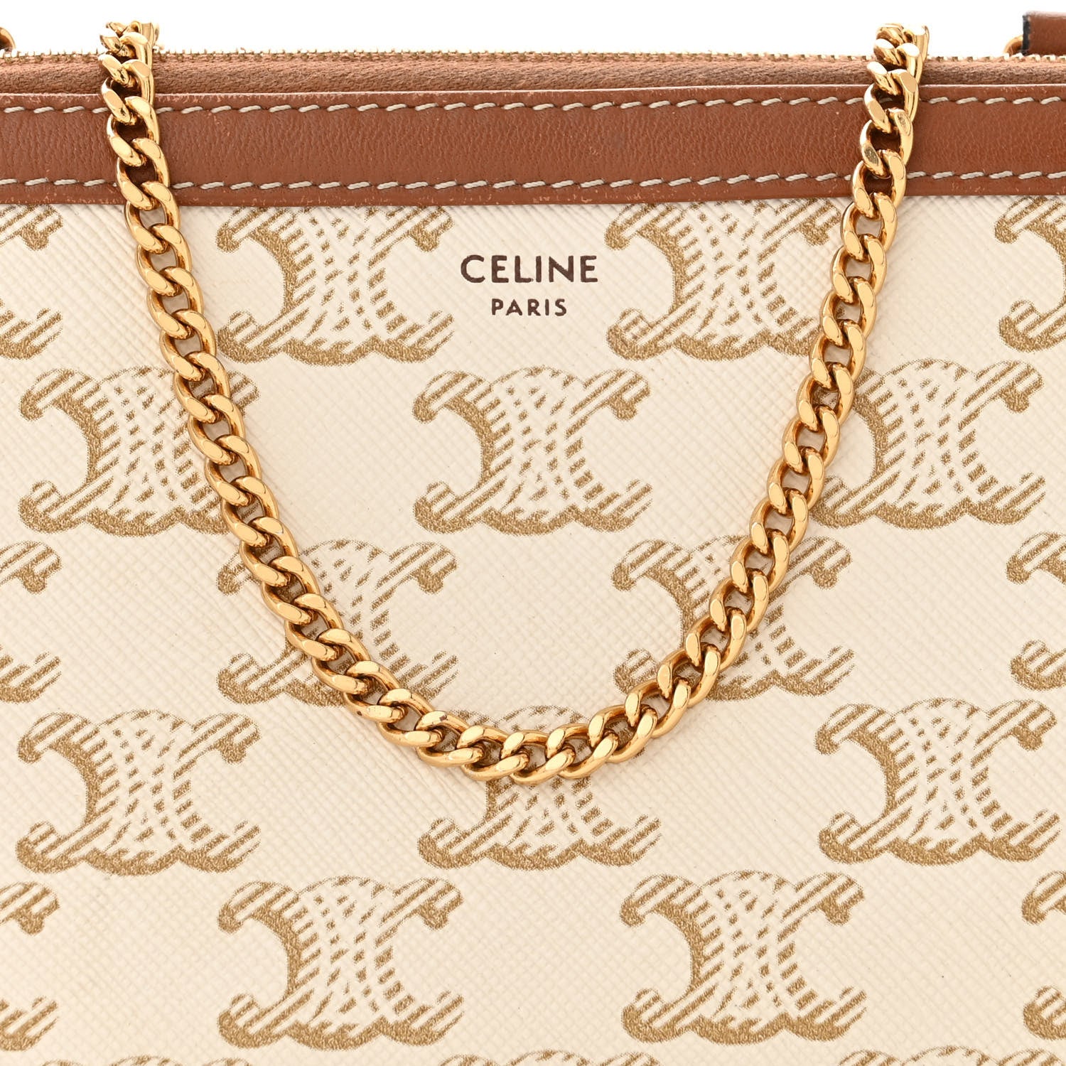 Celine Lambskin Triomphe Canvas Clutch With Chain White Tan 8 of 11