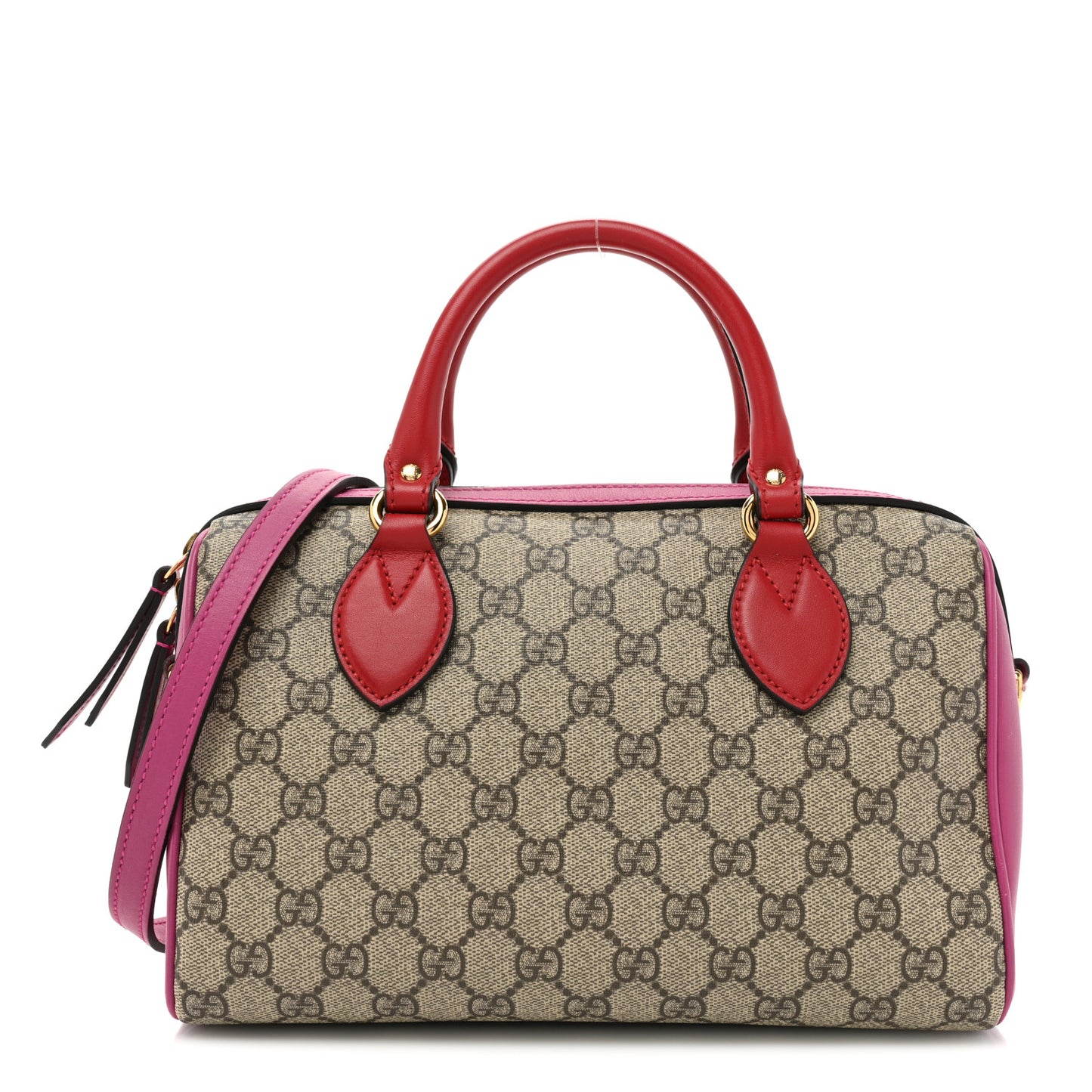 GG Supreme Monogram Moon Calfskin Small Boston Beige Ebony Hibiscus Red New Rosette