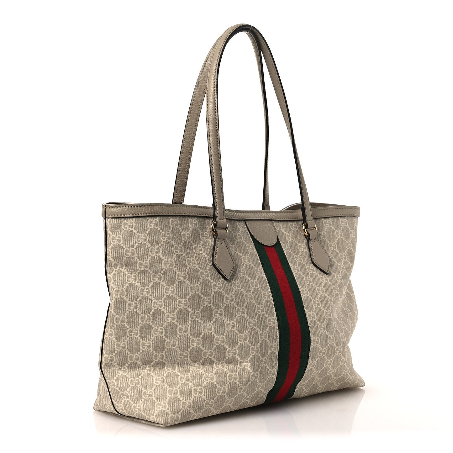 GG Supreme Monogram Textured Dollar Calfskin Web Medium Ophidia Shopping Tote Beige Mystic White Oatmeal
