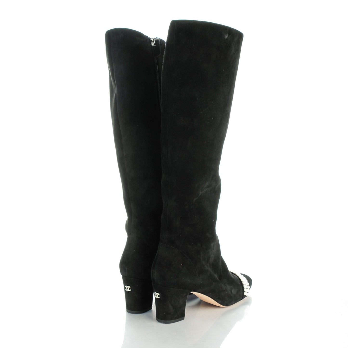 Suede Pearl Cap Toe Knee High Boots 38.5 Black