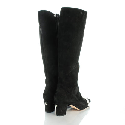 Chanel Suede Pearl Cap Toe Knee High Boots 38.5 Black 4 of 8