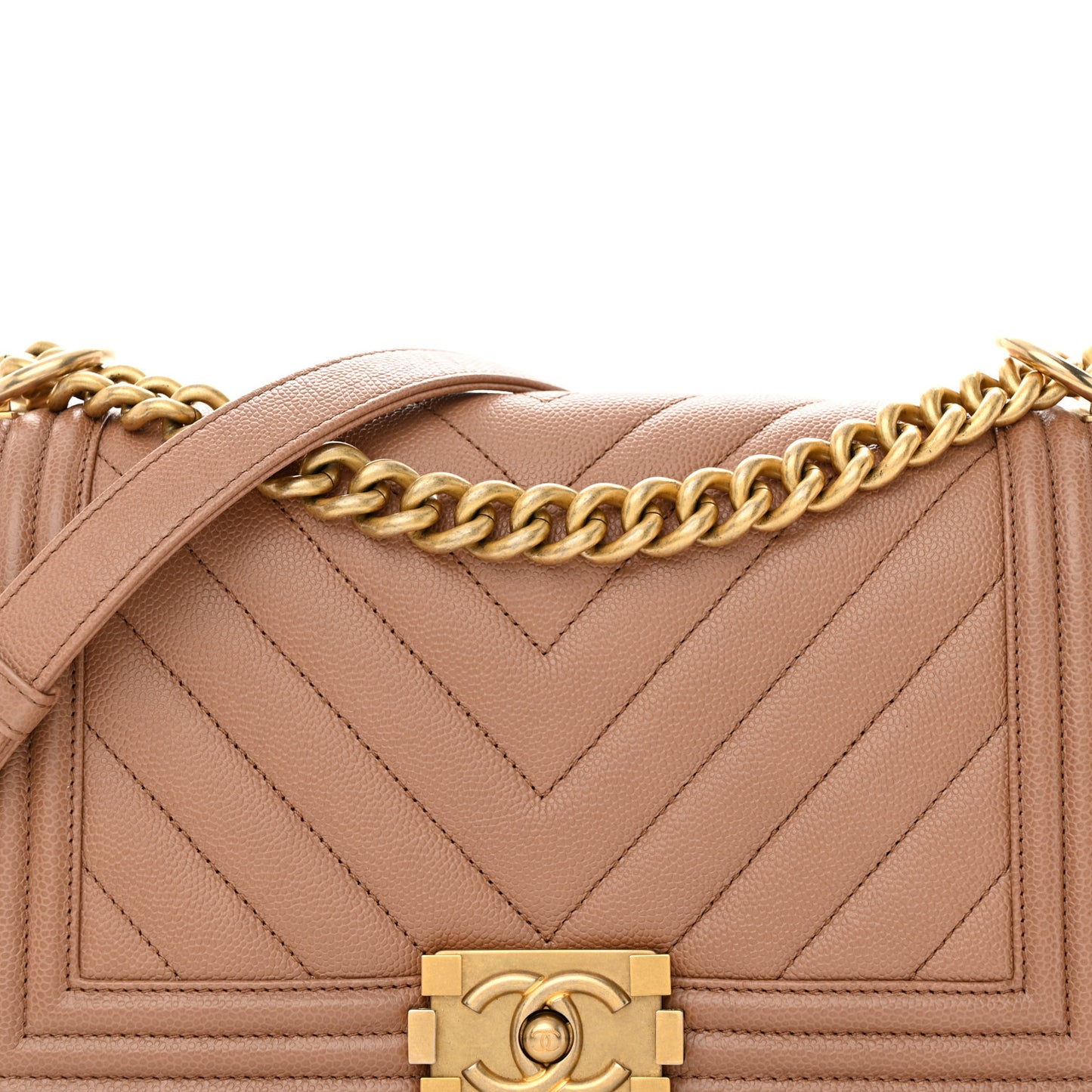Caviar Chevron Quilted Medium Boy Flap Dark Beige
