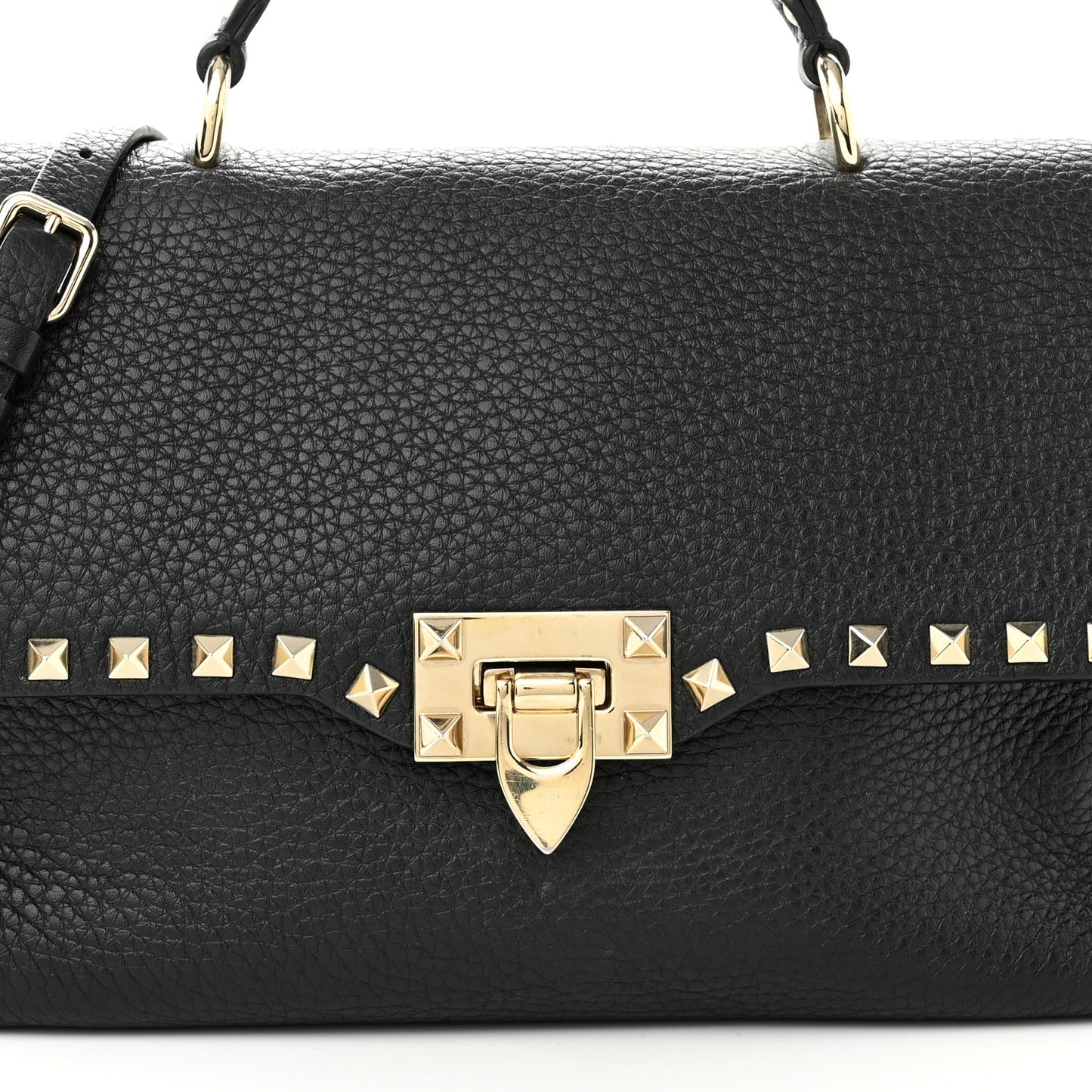 Pebbled Calfskin Medium Rockstud Top Handle Shoulder Bag Black