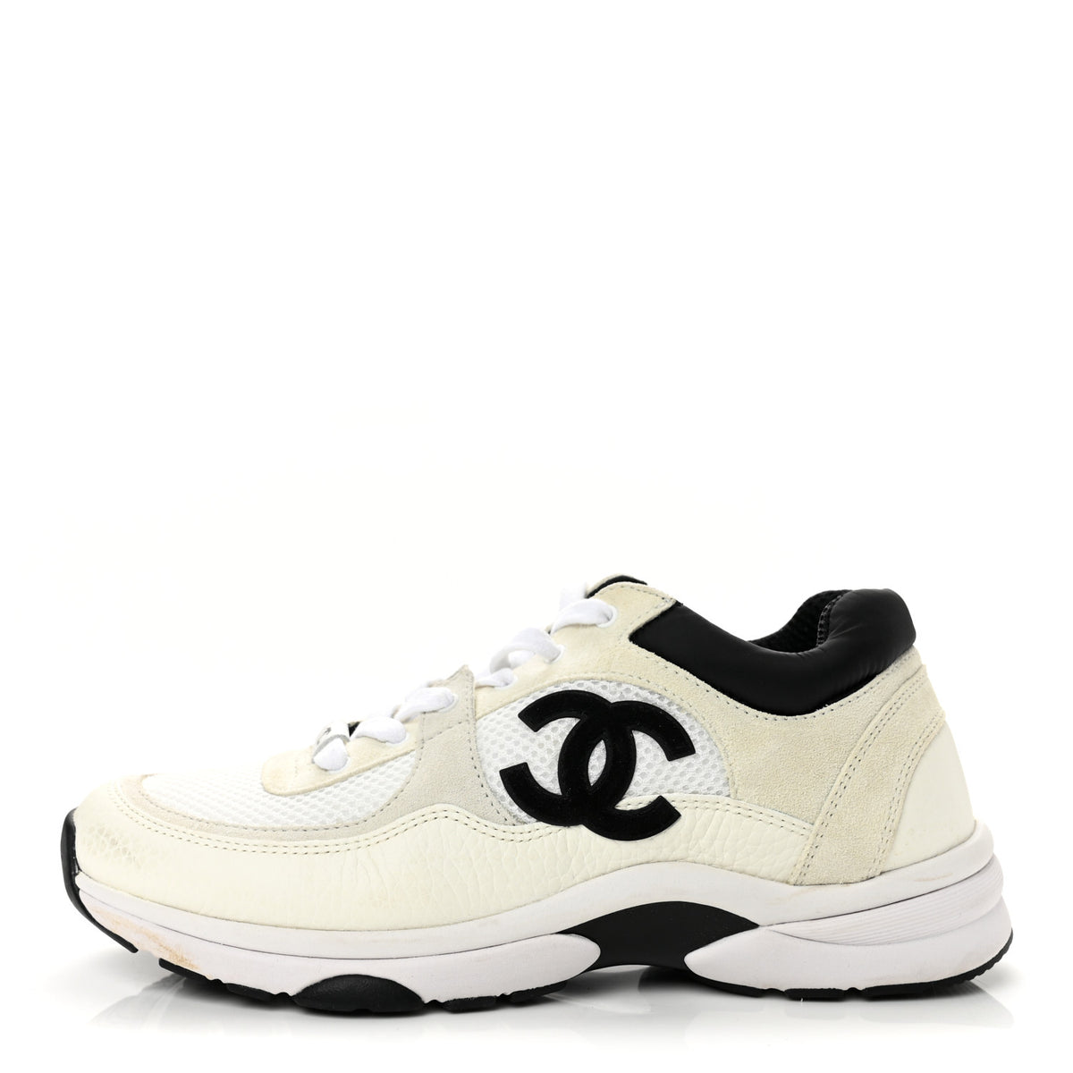 Chanel Mesh Suede Calfskin Grained Calfskin Womens CC Sneakers 38.5 White Black 1 of 8