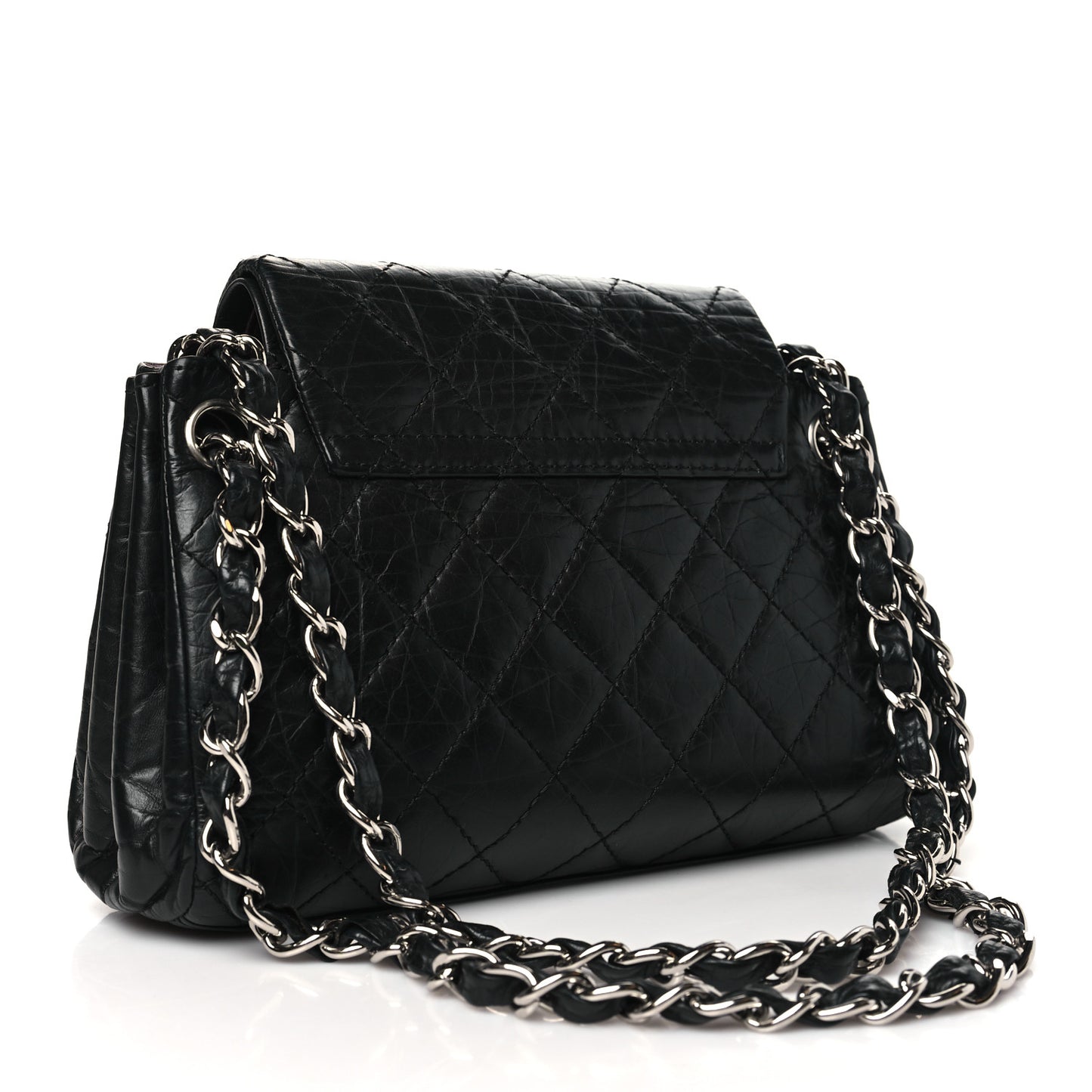 Aged Calfskin Quilted Accordion Double Flap Black