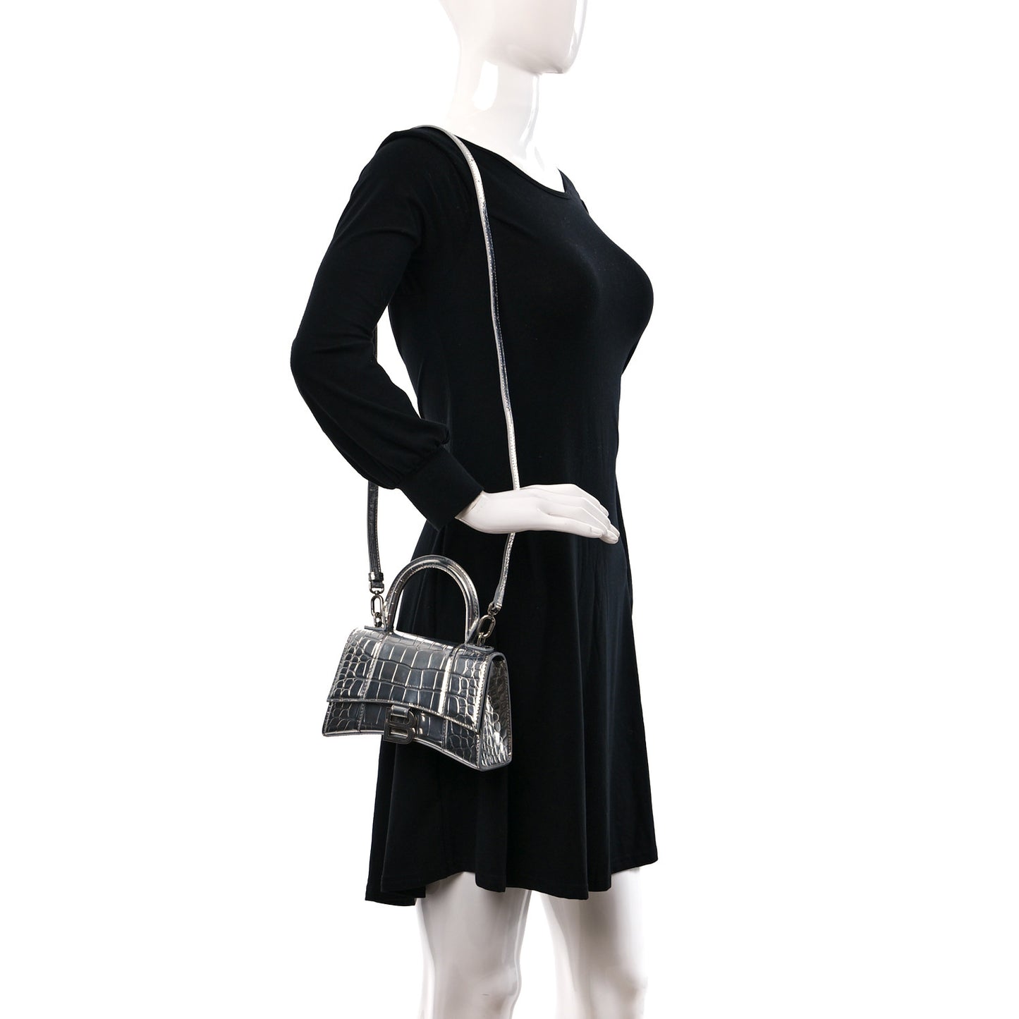 Metallic Shiny Calfskin Crocodile Embossed Hourglass Top Handle Bag XS Aluminum