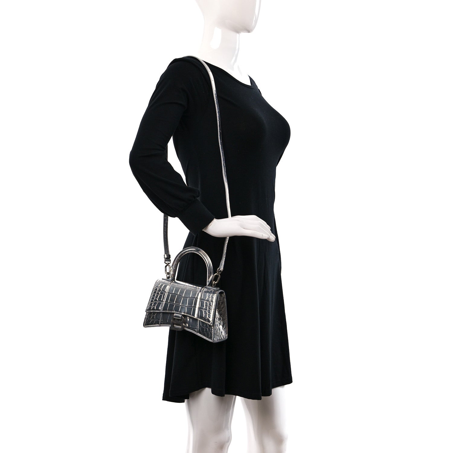 Balenciaga Metallic Shiny Calfskin Crocodile Embossed Hourglass Top Handle Bag XS Aluminum 2 of 11