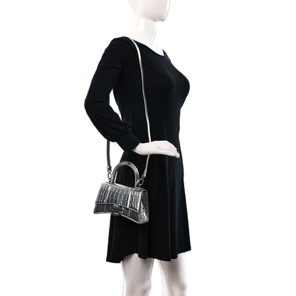 Balenciaga Metallic Shiny Calfskin Crocodile Embossed Hourglass Top Handle Bag XS Aluminum 2 of 11
