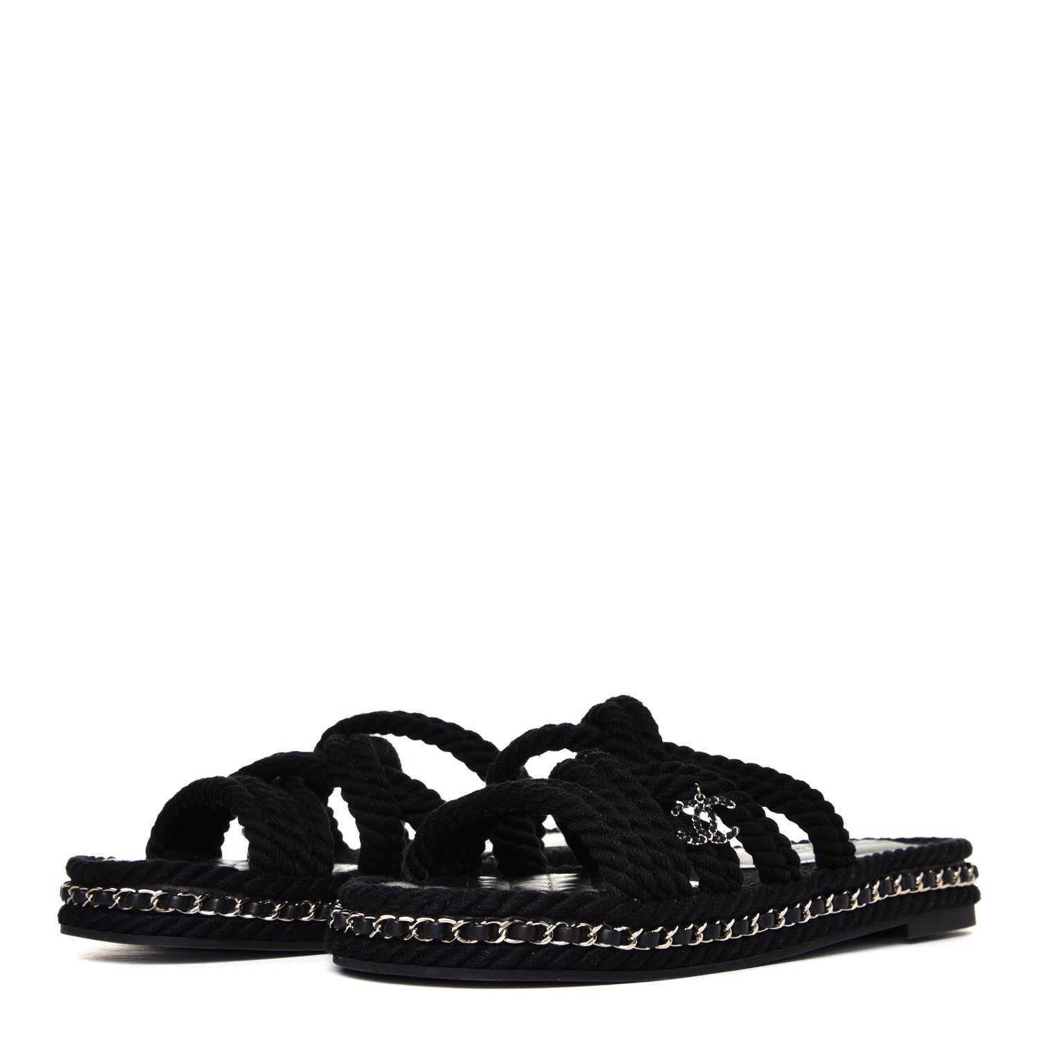 Chanel Cord Lambskin Chain Slide Sandals 39 Black 2 of 6