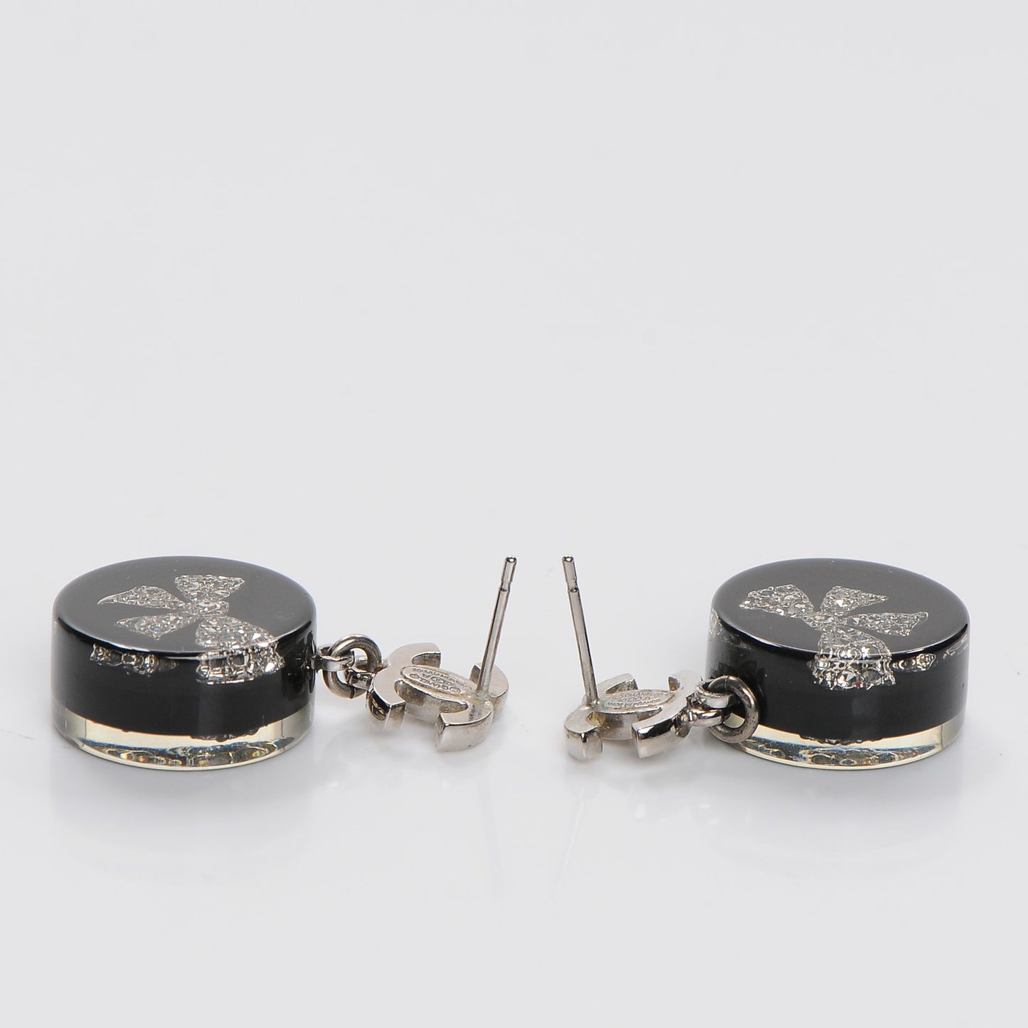 Resin Crystal CC Bow Drop Earrings Black Silver