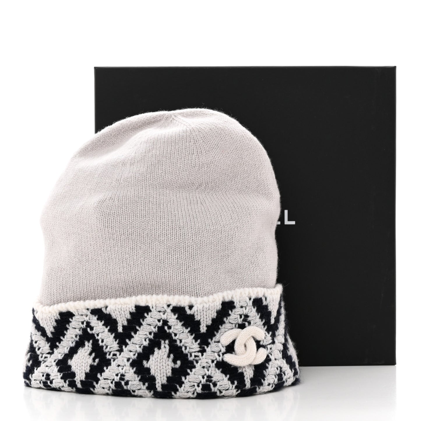 Cashmere Blend CC Beanie Hat White Navy Blue