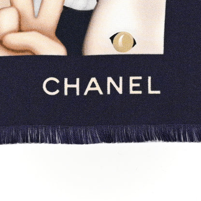 Chanel Silk Chiffon Cat Emoticon Square Scarf Beige Navy 2 of 8