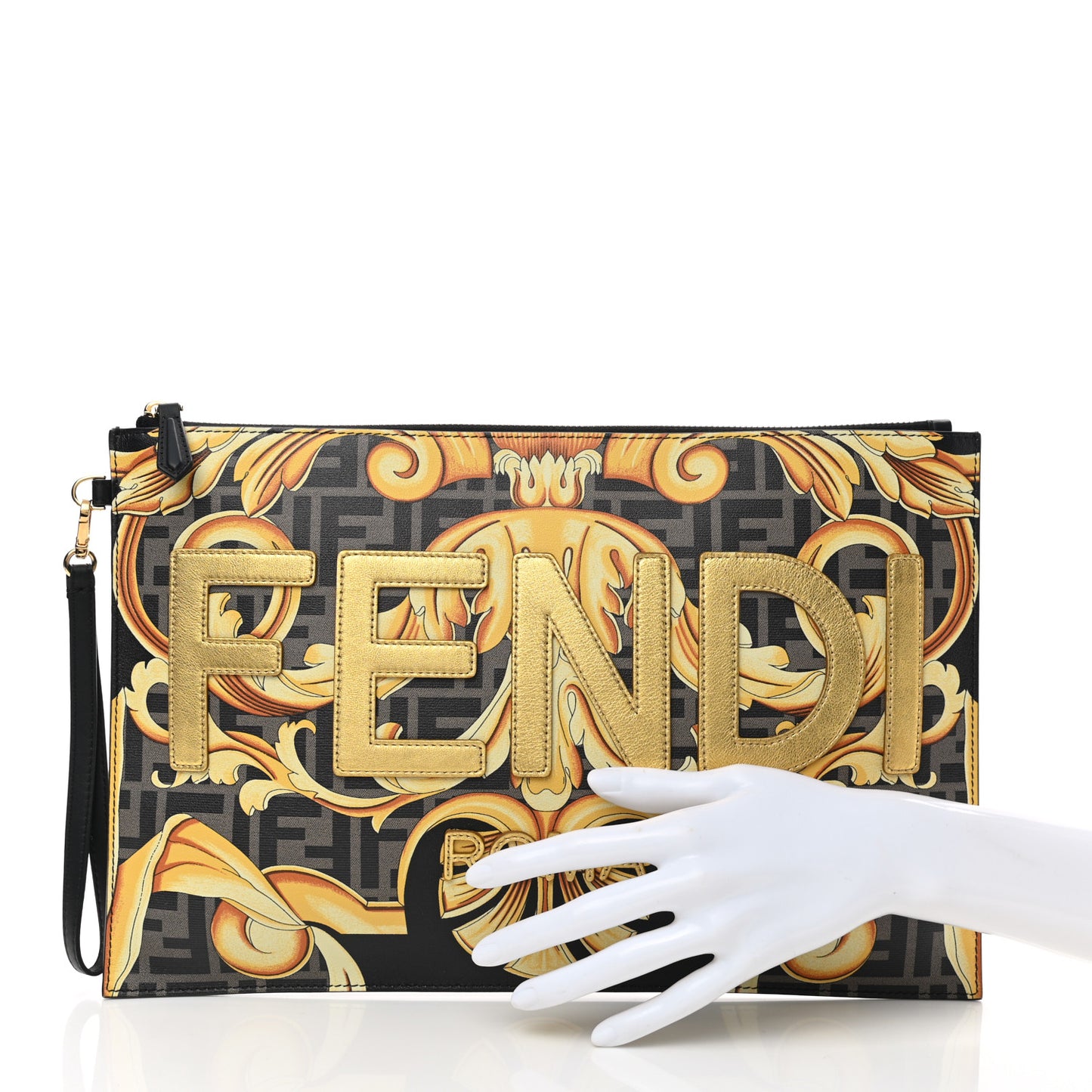 X VERSACE Vitello Grace Catalan Mirror Fendace FF Baroque Logo Large Flat Pouch Tobacco Gold