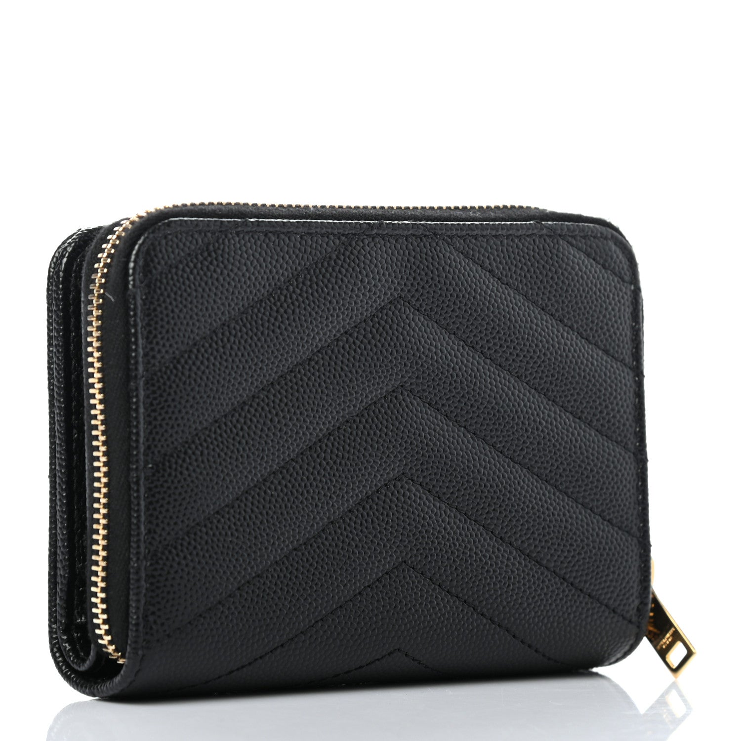 Saint Laurent Grain De Poudre Matelasse Chevron Monogram Compact Zip Around Wallet Black 3 of 7