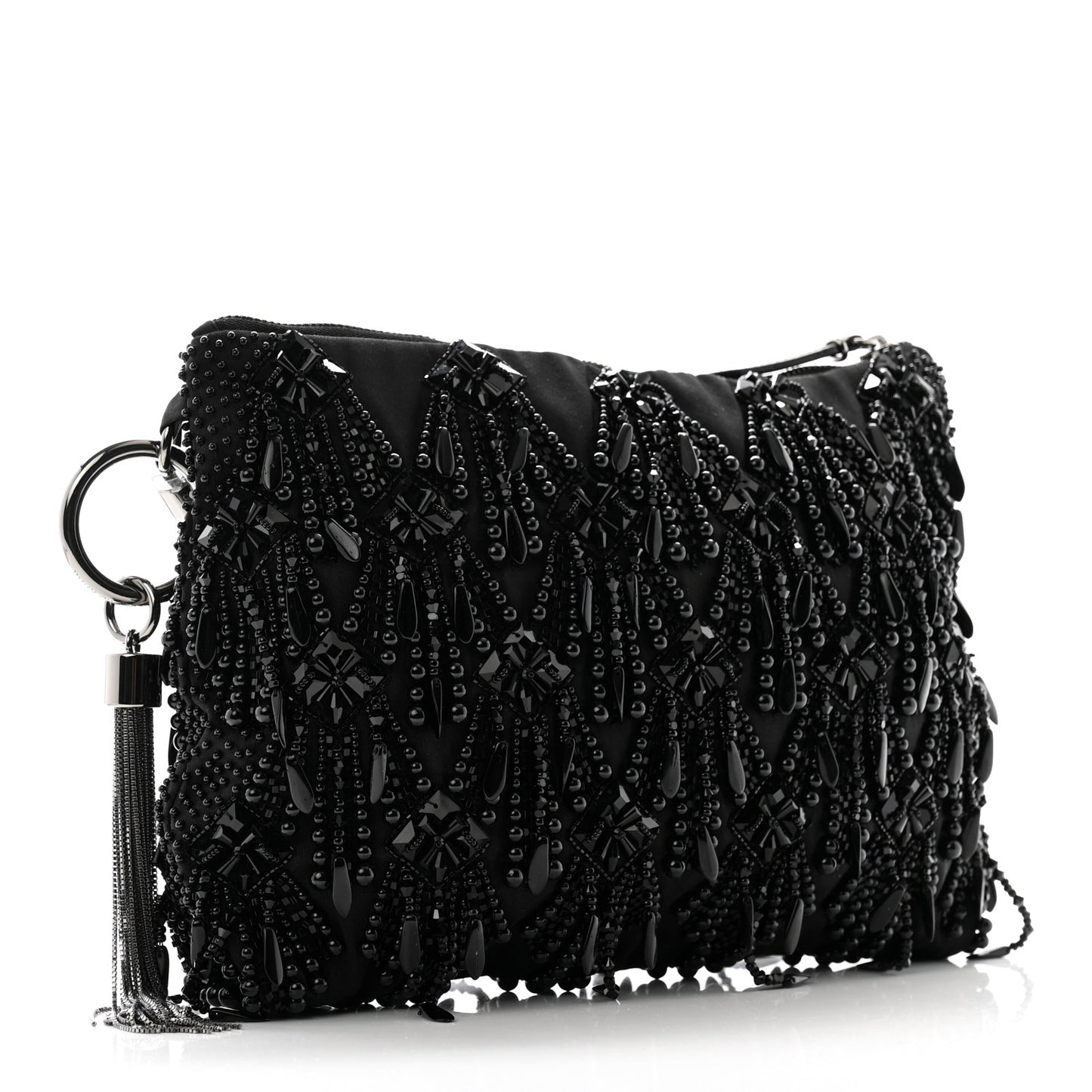 Satin Bead Embellished Callie Fringe Tassel Chain Evening Bag Black