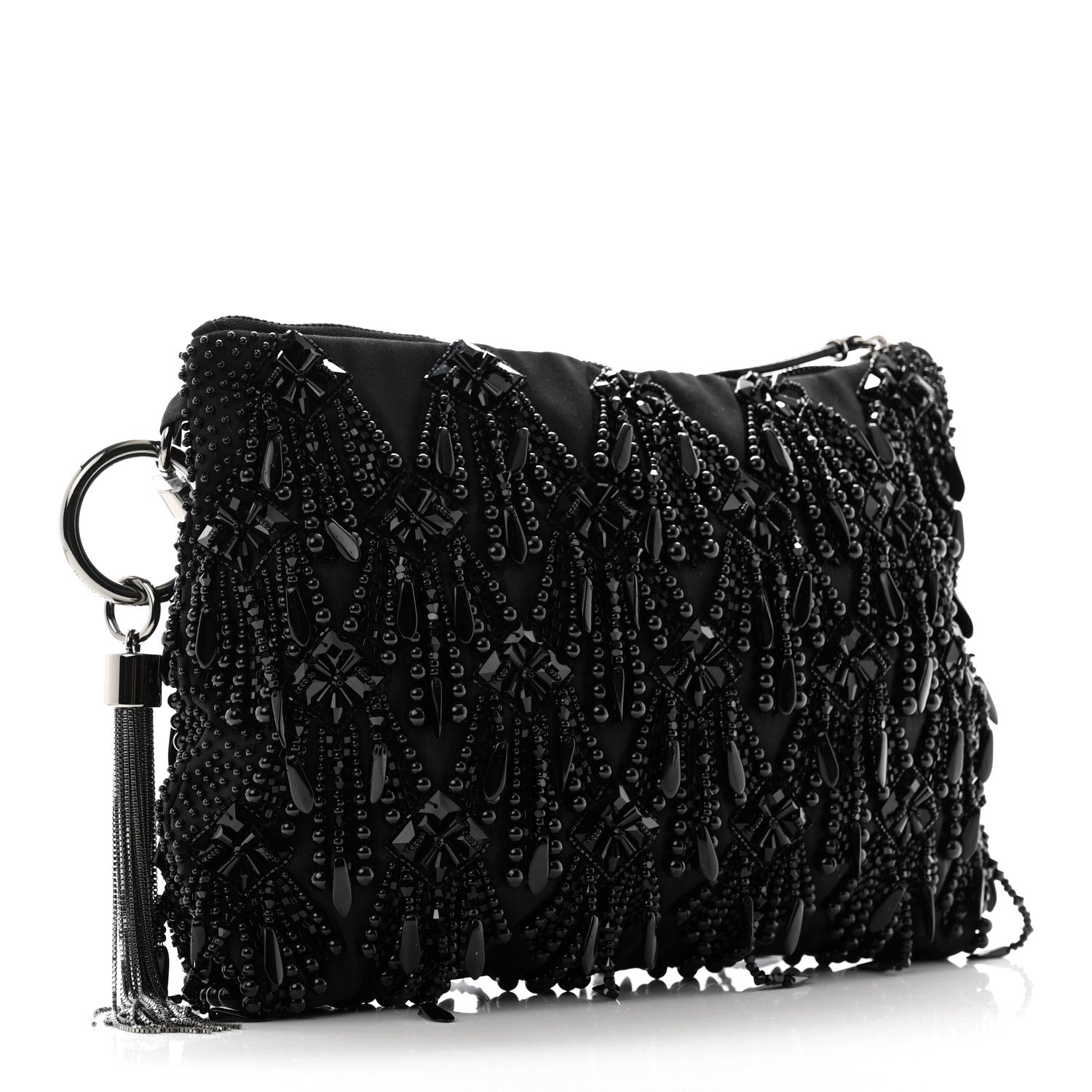 Jimmy Choo Satin Bead Embellished Callie Fringe Tassel Chain Evening Bag Black 3 of 10