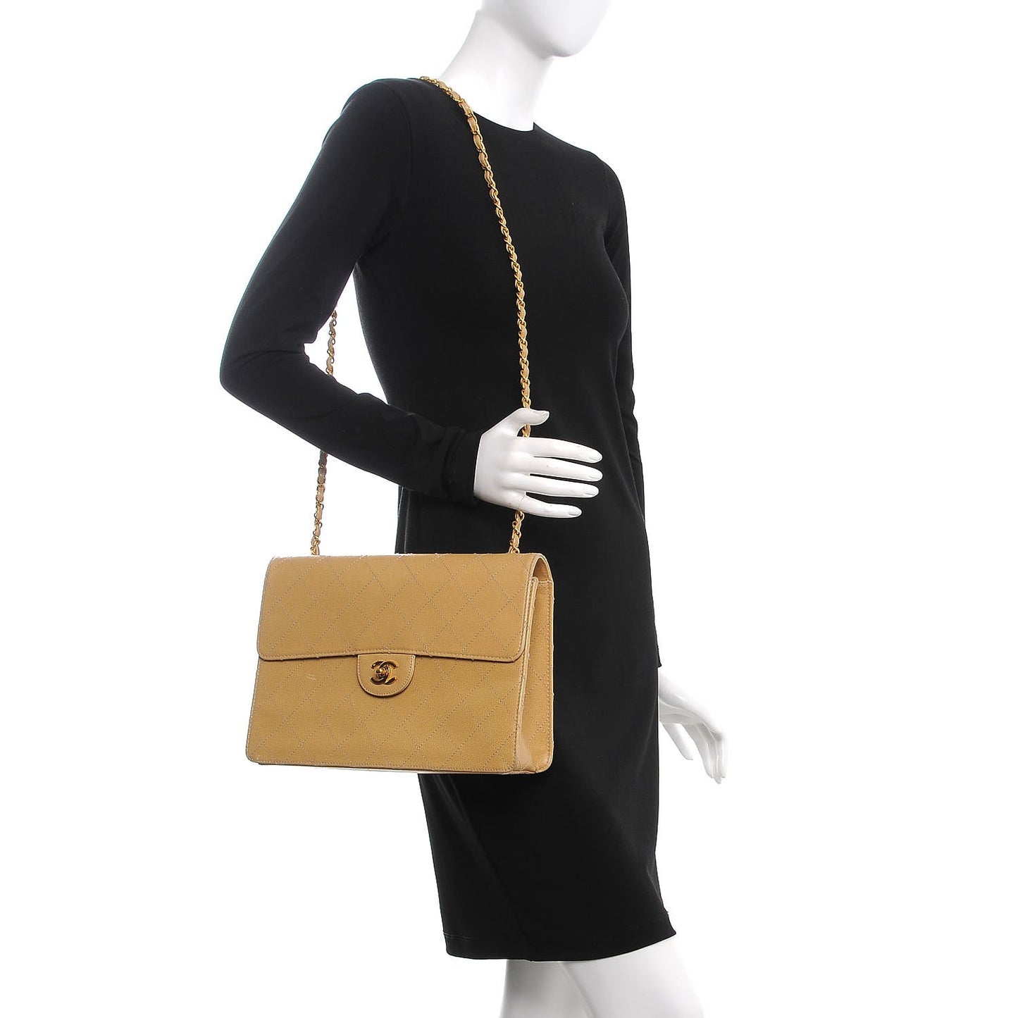 Caviar Stitched Jumbo Single Flap Beige