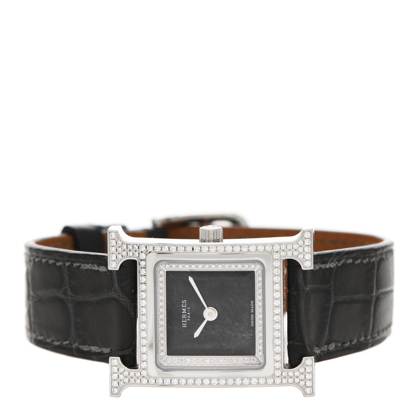 Stainless Steel Alligator Diamond Bezel 21mm Heure H Hour Quartz Watch Noir
