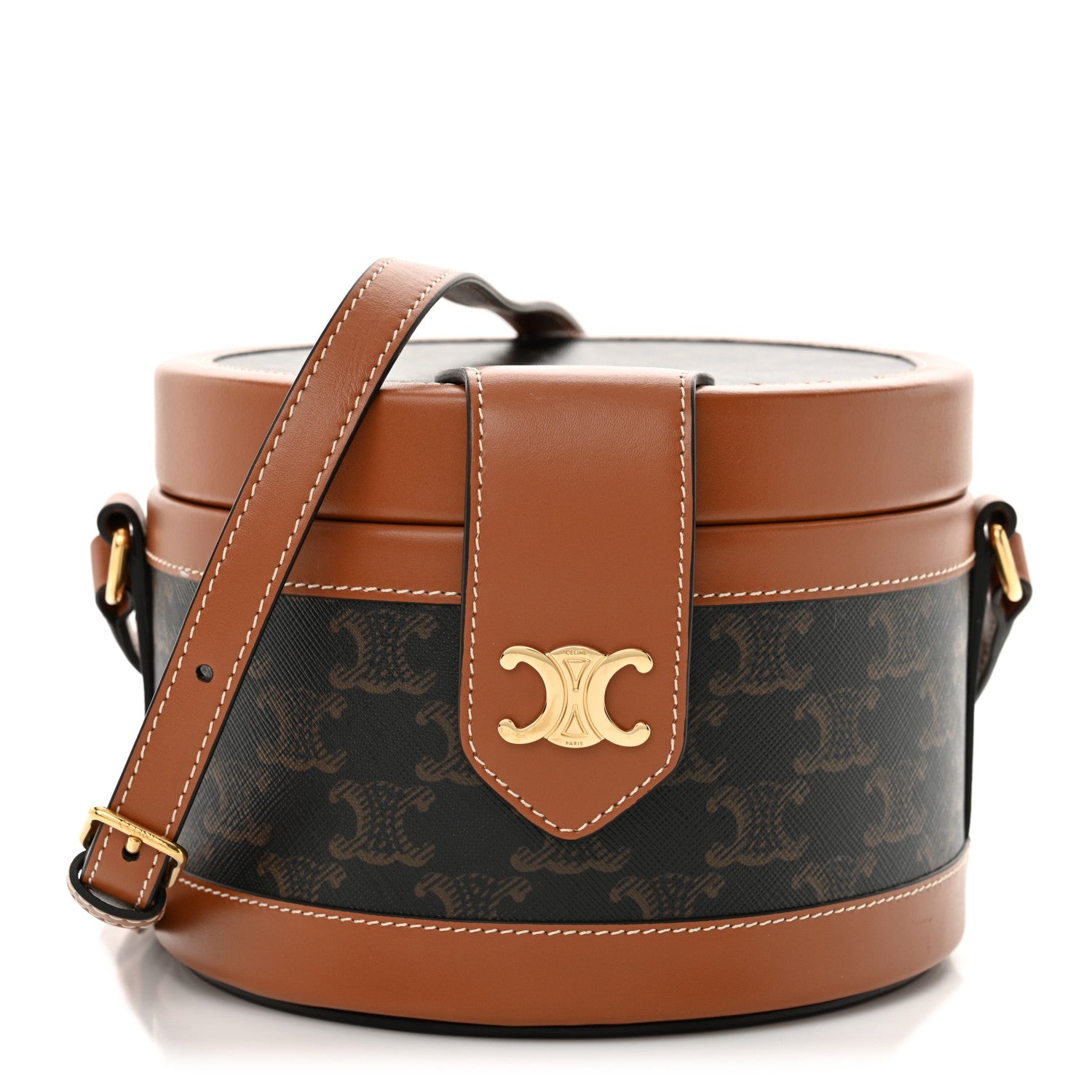 Celine Calfskin Triomphe Canvas Medium Tambour Bag Tan 1 of 12