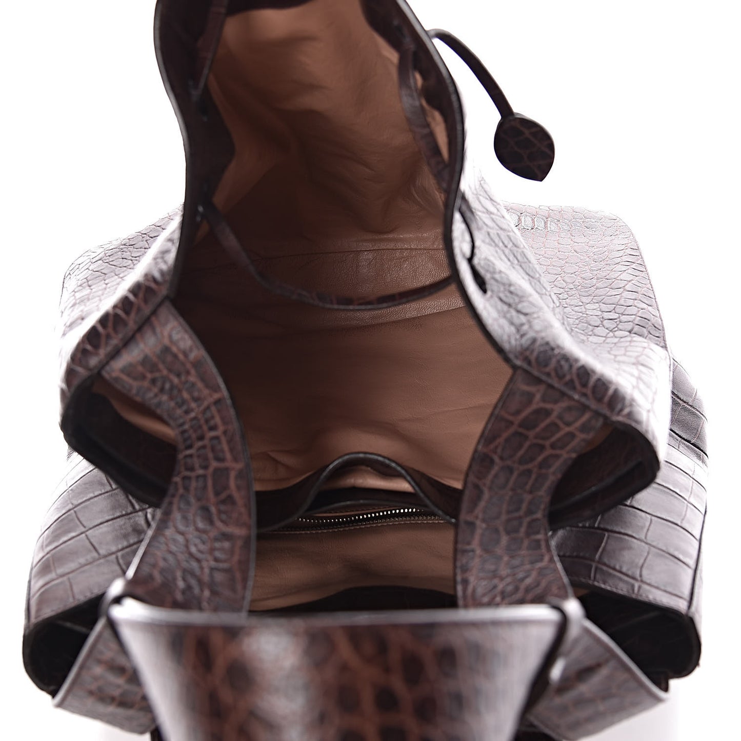 Calfskin Crocodile Embossed Bucket Bag Brown