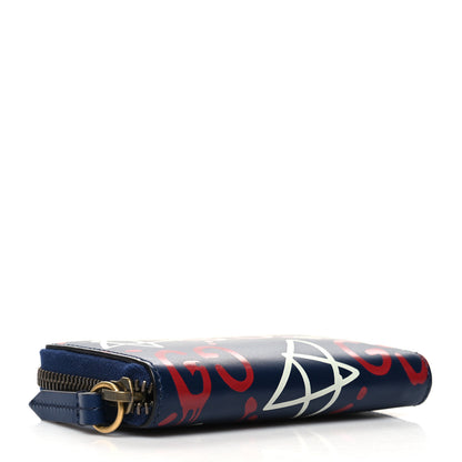 Gucci Calfskin GucciGhost Zip Around Card Case Blue Agata Hibiscus Red 4 of 9