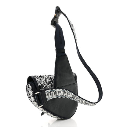Christian Dior X SHAWN STUSSY Grained Calfskin Beaded Flower Saddle Bag Blue White 3 of 10