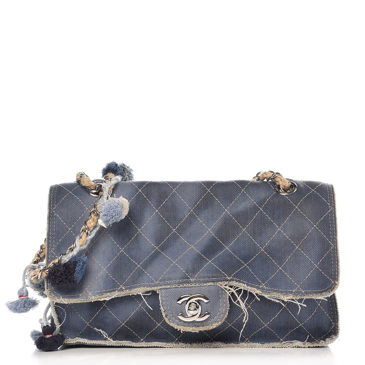 Chanel Denim Quilted Jumbo Pompom Flap Dark Blue 1 of 11
